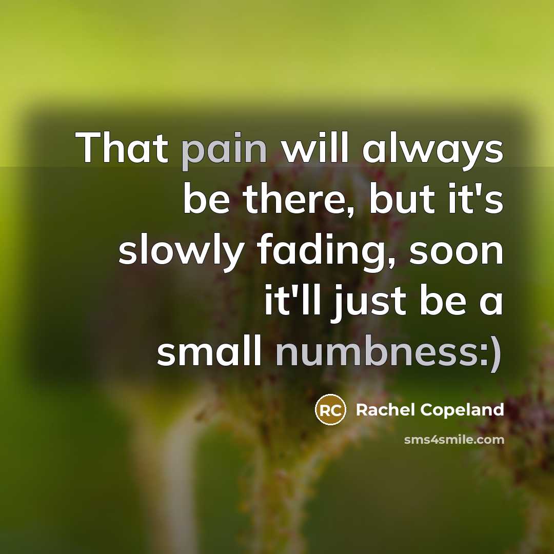 “That pain will always be there, but it's slowly fading, soon it'll just be a small numbness:)” quote by Rachel Copeland
