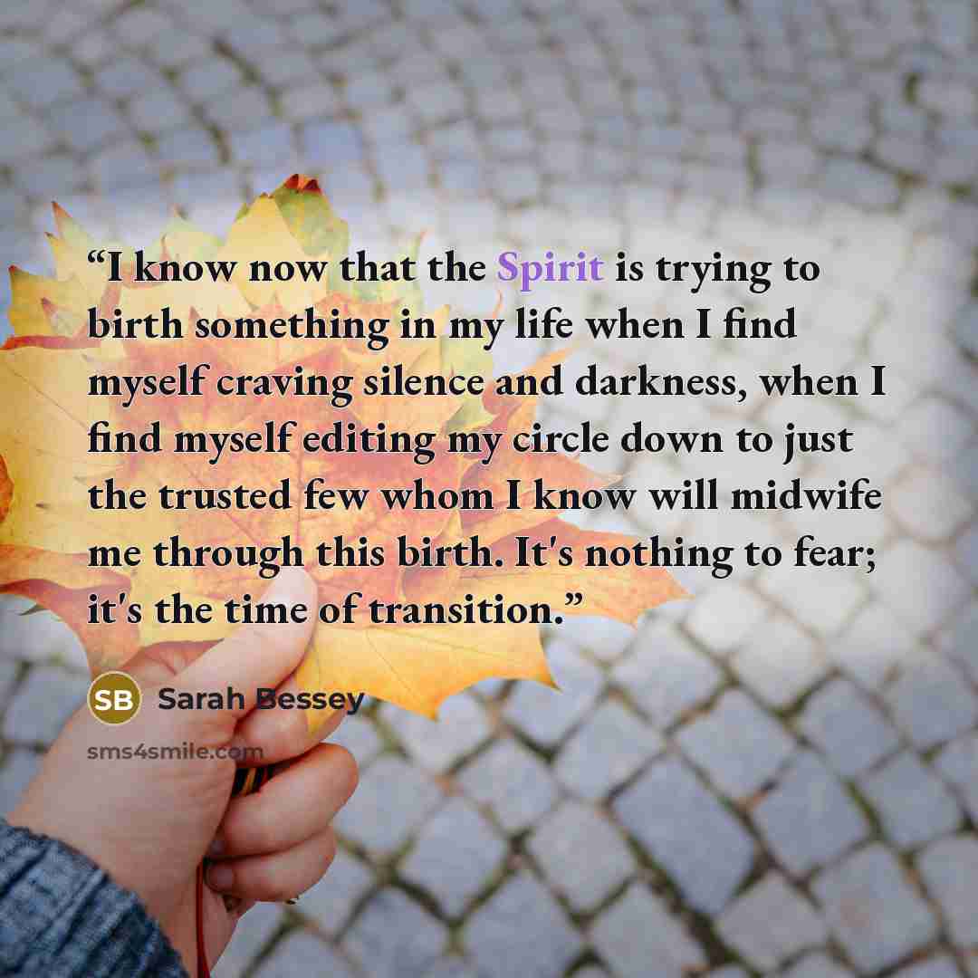“I know now that the Spirit is trying to birth something in my life when I find myself craving silence and darkness, when I find myself editing my circle down to just the trusted few whom I know will midwife me through this birth. It's nothing to fear; it's the time of transition.” quote by Sarah Bessey