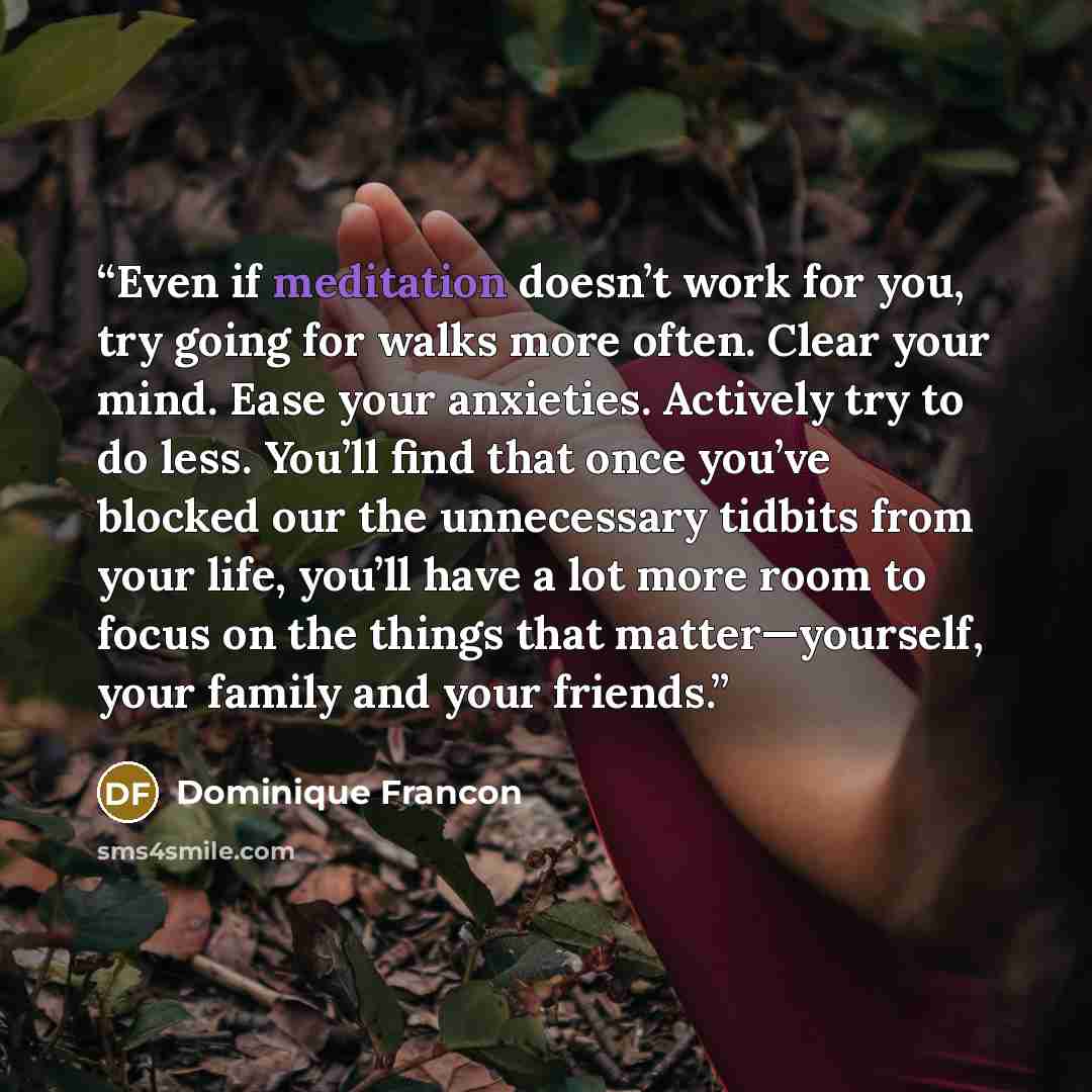 “Even if meditation doesn’t work for you, try going for walks more often. Clear your mind. Ease your anxieties. Actively try to do less. You’ll find that once you’ve blocked our the unnecessary tidbits from your life, you’ll have a lot more room to focus on the things that matter—yourself, your…” quote by Dominique Francon