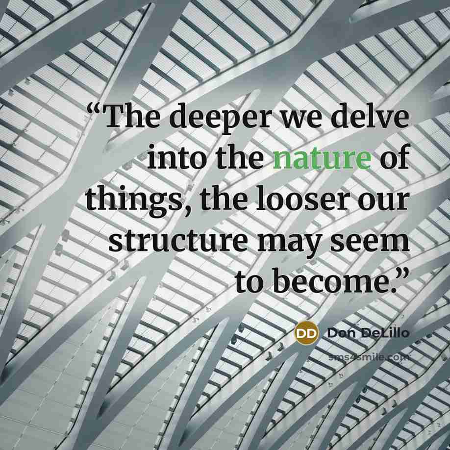 “The deeper we delve into the nature of things, the looser our structure may seem to become.” quote by Don DeLillo