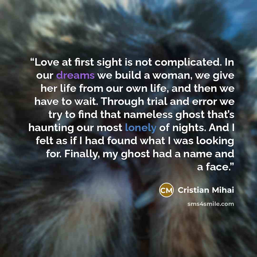 “Love at first sight is not complicated. In our dreams we build a woman, we give her life from our own life, and then we have to wait. Through trial and error we try to find that nameless ghost that’s haunting our most lonely of nights. And I felt as if I had found what I was looking for. Finally…” quote by Cristian Mihai