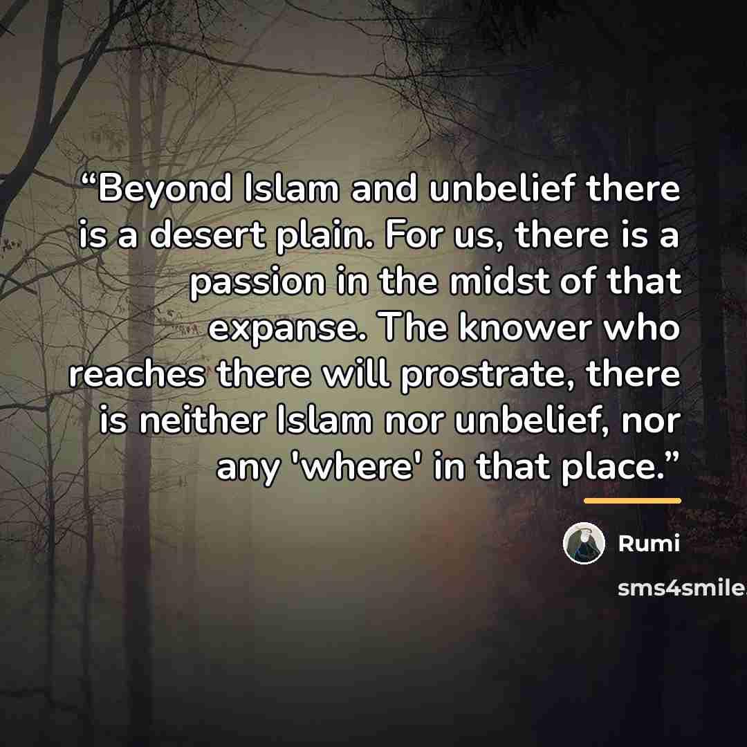 “Beyond Islam and unbelief there is a desert plain. For us, there is a passion in the midst of that expanse. The knower who reaches there will prostrate, there is neither Islam nor unbelief, nor any 'where' in that place.” quote by Rumi