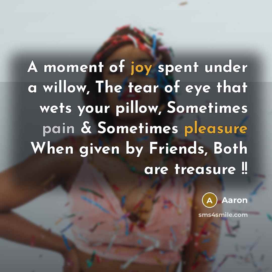 “A moment of joy spent under a willow, The tear of eye that wets your pillow, Sometimes pain & Sometimes pleasure When given by Friends, Both are treasure !!” quote by AaRon