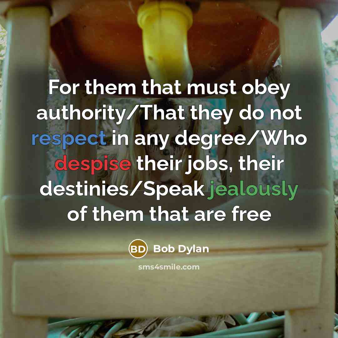 “For them that must obey authority/That they do not respect in any degree/Who despise their jobs, their destinies/Speak jealously of them that are free” quote by Bob Dylan