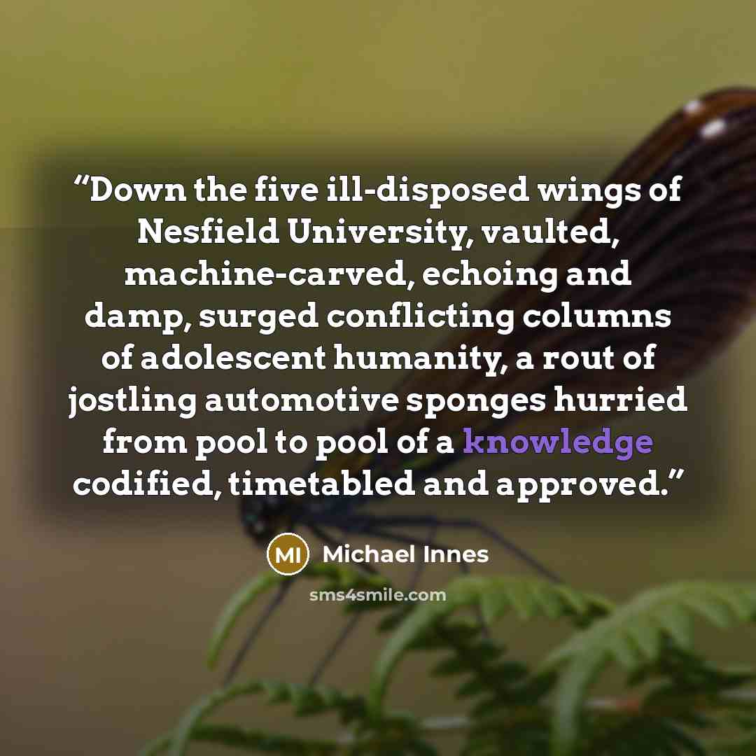 “Down the five ill-disposed wings of Nesfield University, vaulted, machine-carved, echoing and damp, surged conflicting columns of adolescent humanity, a rout of jostling automotive sponges hurried from pool to pool of a knowledge codified, timetabled and approved.” quote by Michael Innes