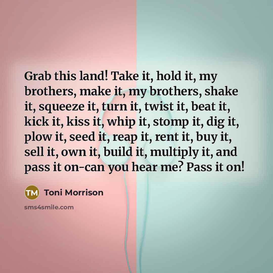 “Grab this land! Take it, hold it, my brothers, make it, my brothers, shake it, squeeze it, turn it, twist it, beat it, kick it, kiss it, whip it, stomp it, dig it, plow it, seed it, reap it, rent it, buy it, sell it, own it, build it, multiply it, and pass it on-can you hear me? Pass it on!” quote by Toni Morrison
