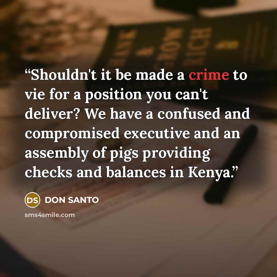 “Shouldn't it be made a crime to vie for a position you can't deliver? We have a confused and compromised executive and an assembly of pigs providing checks and balances in Kenya.” quote by DON SANTO