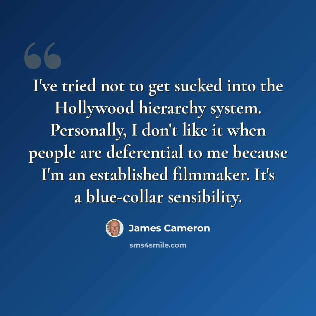 “I've tried not to get sucked into the Hollywood hierarchy system. Personally, I don't like it when people are deferential to me because I'm an established filmmaker. It's a blue-collar sensibility.” quote by James Cameron