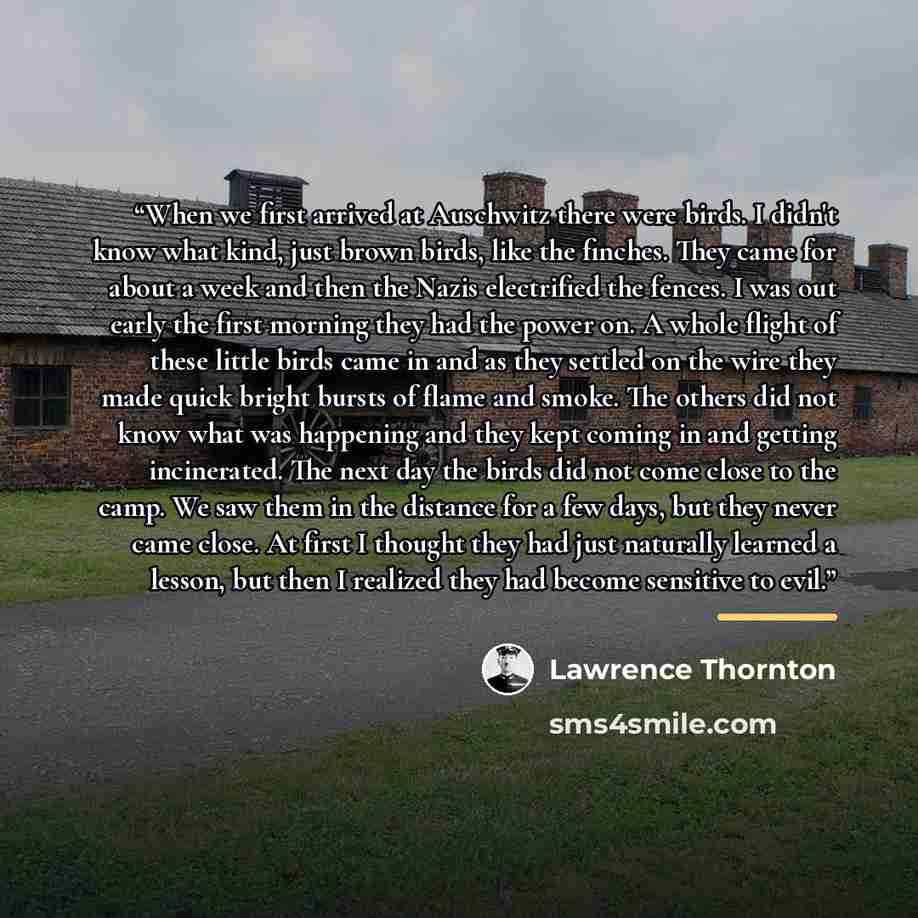 “When we first arrived at Auschwitz there were birds. I didn't know what kind, just brown birds, like the finches. They came for about a week and then the Nazis electrified the fences. I was out early the first morning they had the power on. A whole flight of these little birds came in and as they…” quote by Lawrence Thornton