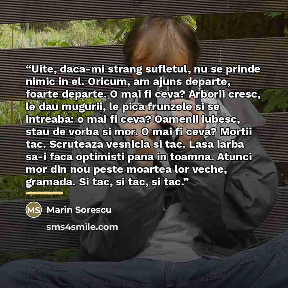 “Uite, daca-mi strang sufletul, nu se prinde nimic in el. Oricum, am ajuns departe, foarte departe. O mai fi ceva? Arborii cresc, le dau mugurii, le pica frunzele si se intreaba: o mai fi ceva? Oamenii iubesc, stau de vorba si mor. O mai fi ceva? Mortii tac. Scruteaza vesnicia si tac. Lasa iarba…” quote by Marin Sorescu