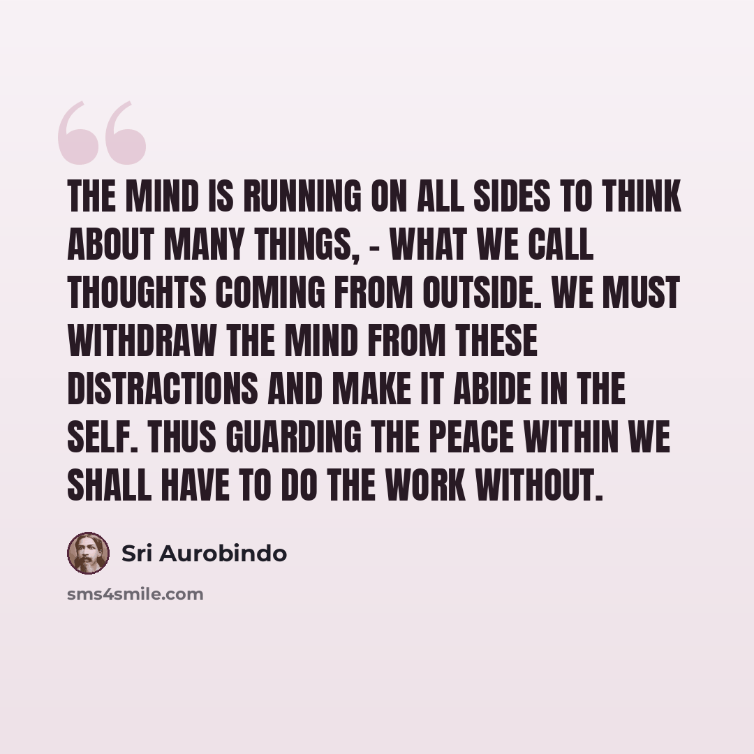 “The mind is running on all sides to think about many things, - what we call thoughts coming from outside. We must withdraw the mind from these distractions and make it abide in the self. Thus guarding the peace within we shall have to do the work without.” quote by Sri Aurobindo