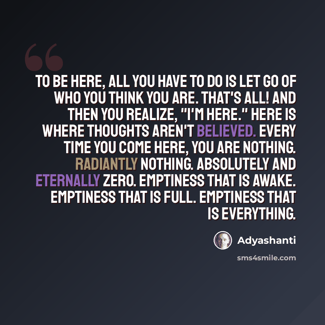 “To be here, all you have to do is let go of who you think you are. That's all! And then you realize, "I'm here." Here is where thoughts aren't believed. Every time you come here, you are nothing. Radiantly nothing. Absolutely and eternally zero. Emptiness that is awake. Emptiness that is full…” quote by Adyashanti