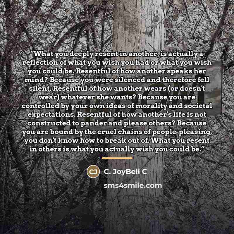 “What you deeply resent in another, is actually a reflection of what you wish you had or what you wish you could be. Resentful of how another speaks her mind? Because you were silenced and therefore fell silent. Resentful of how another wears (or doesn't wear) whatever she wants? Because you are…” quote by C. JoyBell C