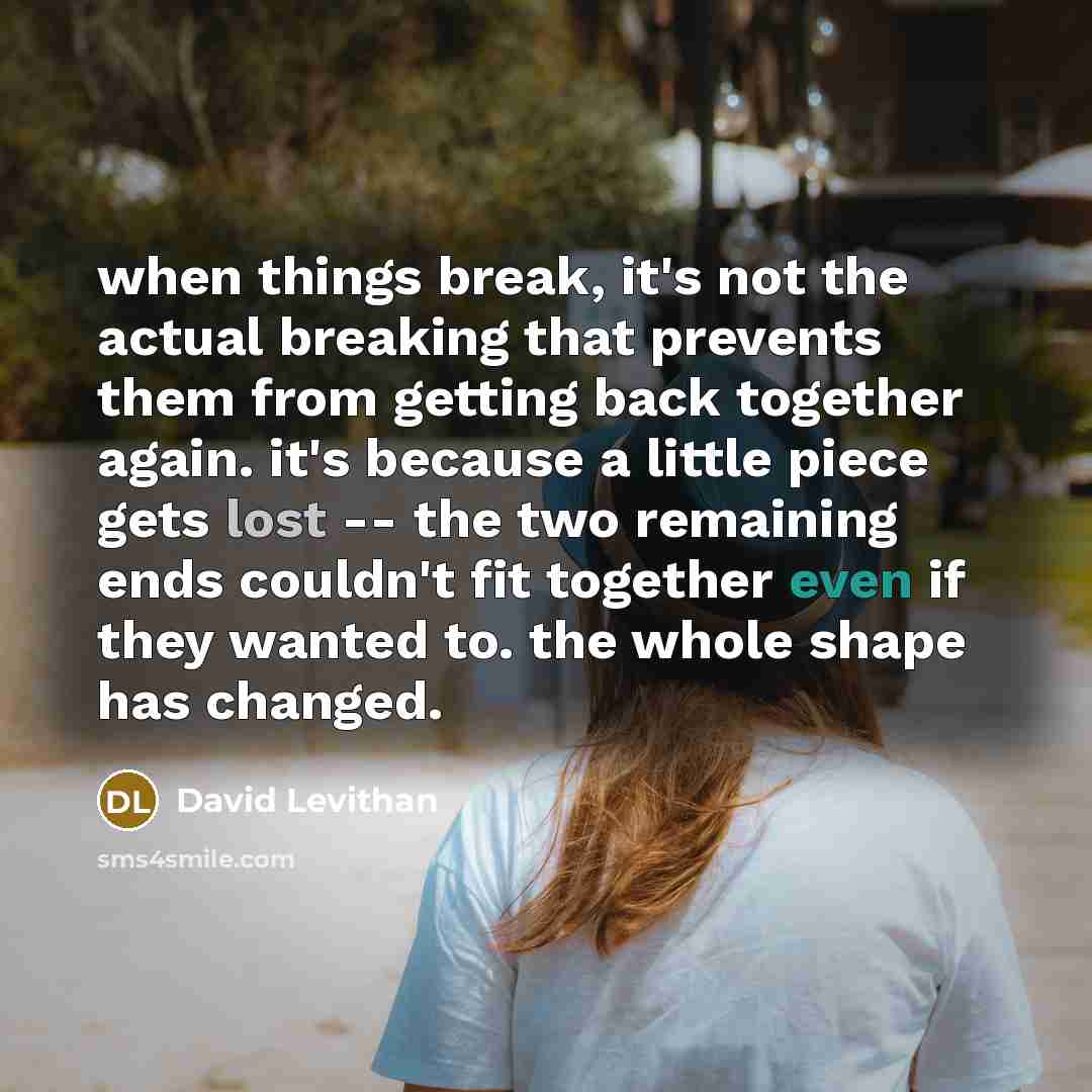 “when things break, it's not the actual breaking that prevents them from getting back together again. it's because a little piece gets lost -- the two remaining ends couldn't fit together even if they wanted to. the whole shape has changed.” quote by David Levithan