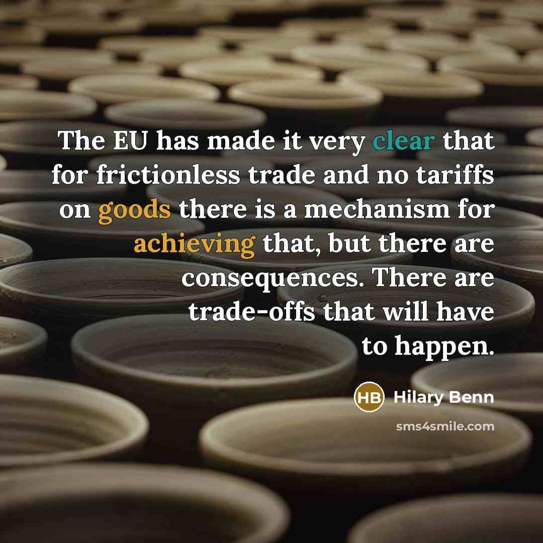 “The EU has made it very clear that for frictionless trade and no tariffs on goods there is a mechanism for achieving that, but there are consequences. There are trade-offs that will have to happen.” quote by Hilary Benn