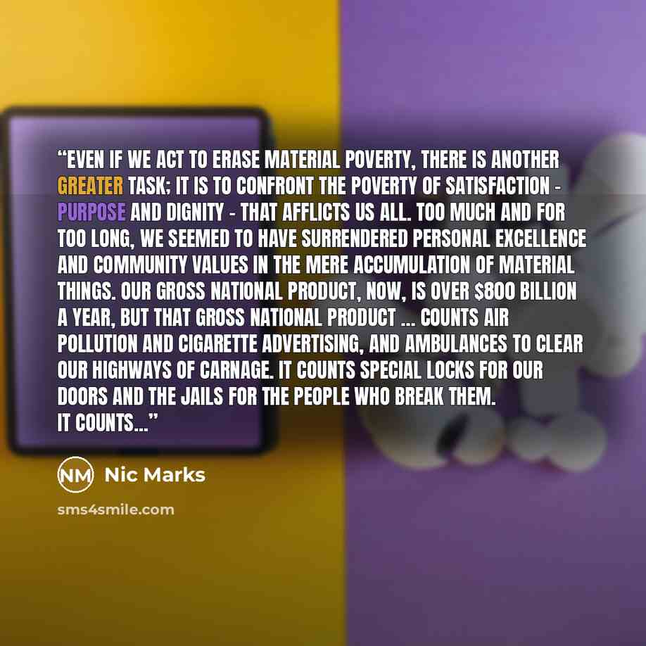 “Even if we act to erase material poverty, there is another greater task; it is to confront the poverty of satisfaction – purpose and dignity – that afflicts us all. Too much and for too long, we seemed to have surrendered personal excellence and community values in the mere accumulation of…” quote by Nic Marks