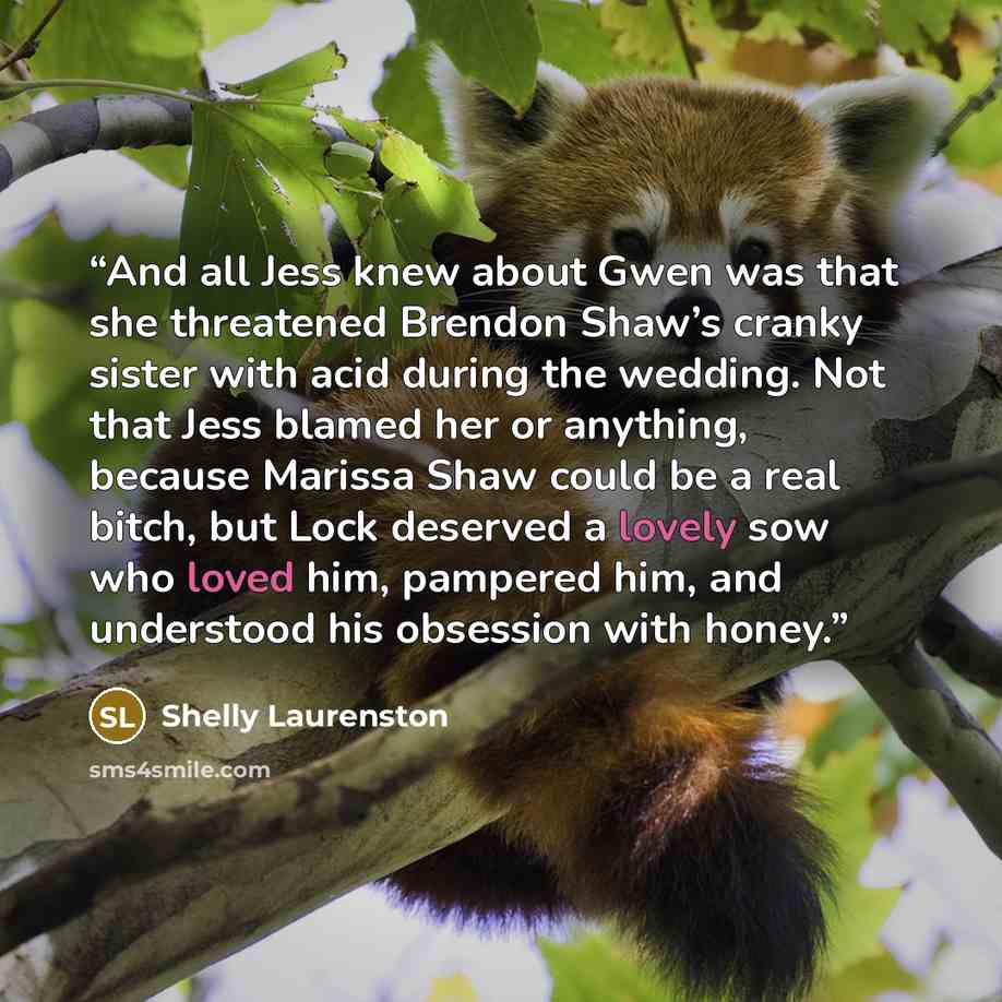 “And all Jess knew about Gwen was that she threatened Brendon Shaw’s cranky sister with acid during the wedding. Not that Jess blamed her or anything, because Marissa Shaw could be a real bitch, but Lock deserved a lovely sow who loved him, pampered him, and understood his obsession with honey.” quote by Shelly Laurenston