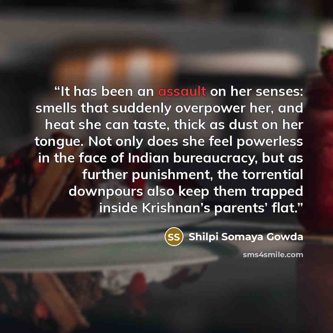 “It has been an assault on her senses: smells that suddenly overpower her, and heat she can taste, thick as dust on her tongue. Not only does she feel powerless in the face of Indian bureaucracy, but as further punishment, the torrential downpours also keep them trapped inside Krishnan’s parents’…” quote by Shilpi Somaya Gowda