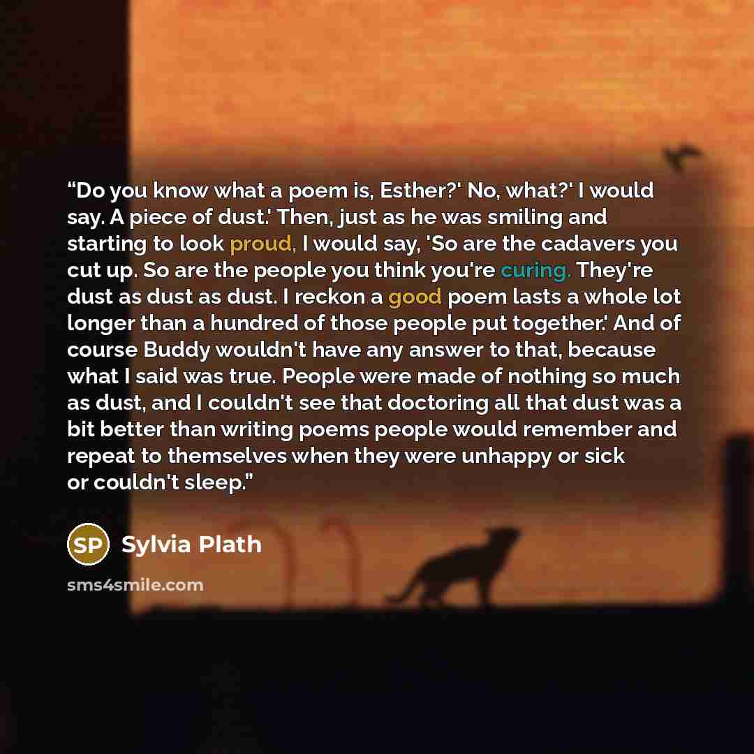 “Do you know what a poem is, Esther?' No, what?' I would say. A piece of dust.' Then, just as he was smiling and starting to look proud, I would say, 'So are the cadavers you cut up. So are the people you think you're curing. They're dust as dust as dust. I reckon a good poem lasts a whole lot…” quote by Sylvia Plath