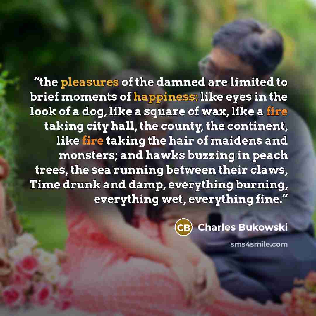 “the pleasures of the damned are limited to brief moments of happiness: like eyes in the look of a dog, like a square of wax, like a fire taking city hall, the county, the continent, like fire taking the hair of maidens and monsters; and hawks buzzing in peach trees, the sea running between their…” quote by Charles Bukowski
