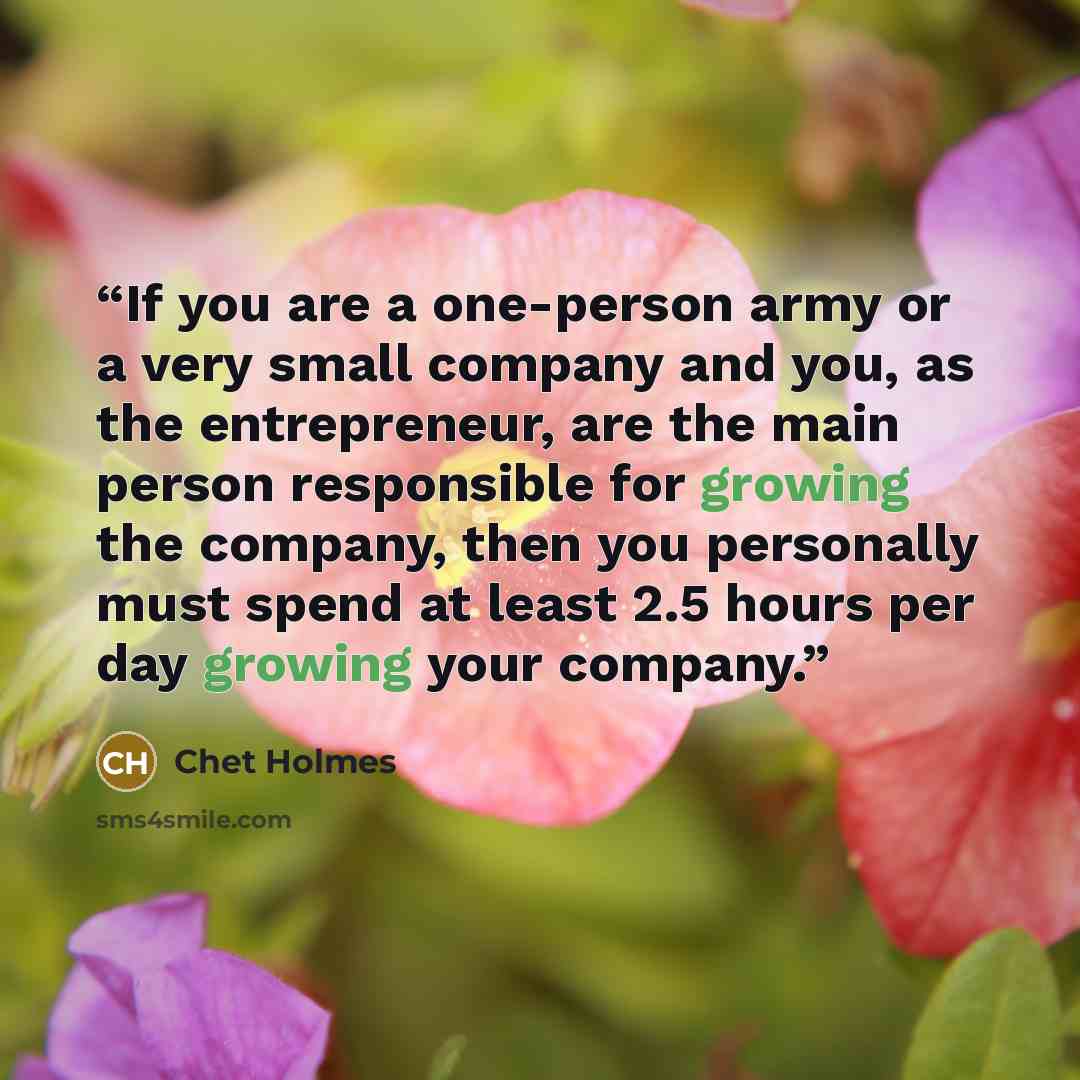 “If you are a one-person army or a very small company and you, as the entrepreneur, are the main person responsible for growing the company, then you personally must spend at least 2.5 hours per day growing your company.” quote by Chet Holmes