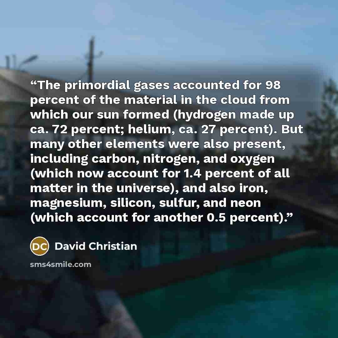 “The primordial gases accounted for 98 percent of the material in the cloud from which our sun formed (hydrogen made up ca. 72 percent; helium, ca. 27 percent). But many other elements were also present, including carbon, nitrogen, and oxygen (which now account for 1.4 percent of all matter in the…” quote by David Christian