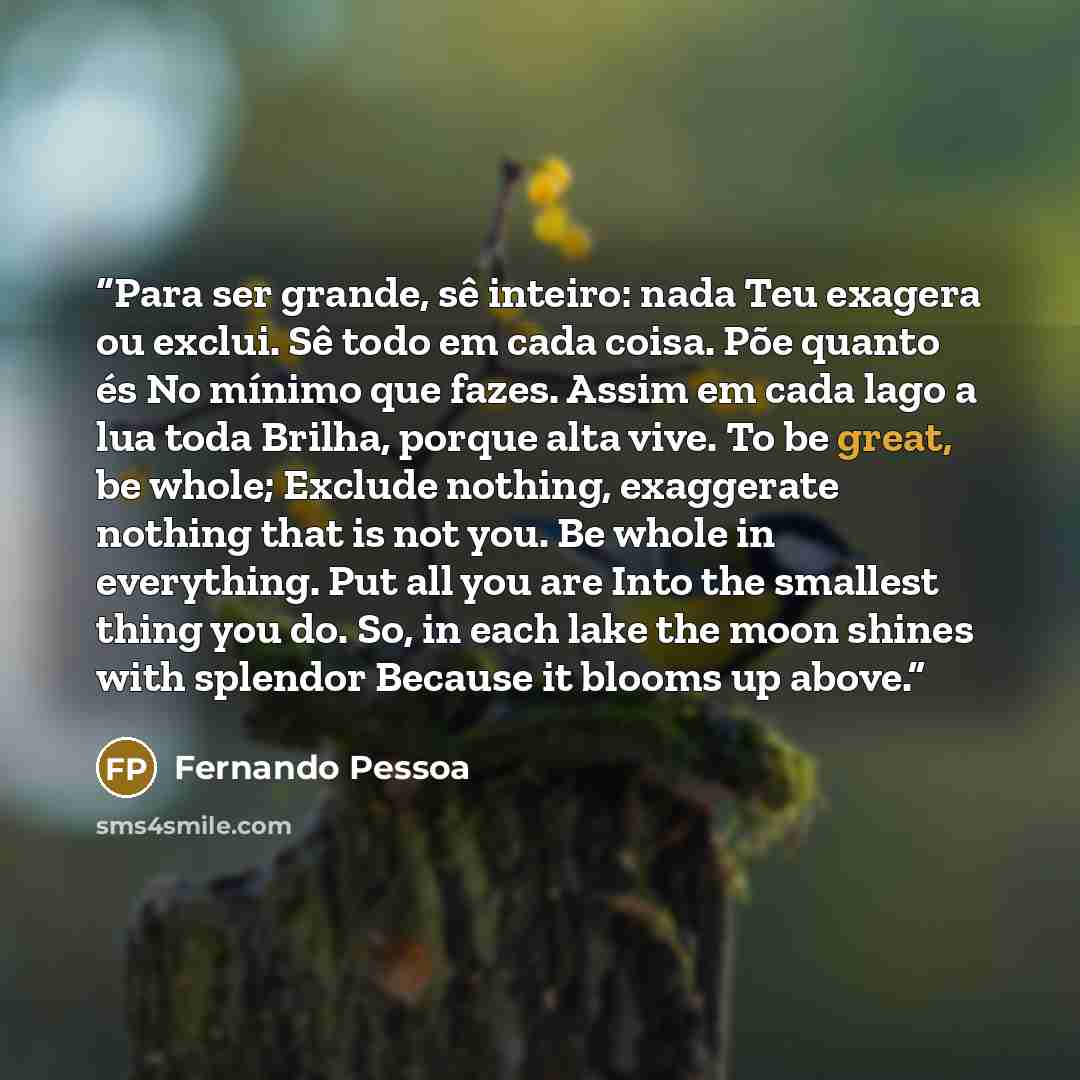 “Para ser grande, sê inteiro: nada Teu exagera ou exclui. Sê todo em cada coisa. Põe quanto és No mínimo que fazes. Assim em cada lago a lua toda Brilha, porque alta vive. To be great, be whole; Exclude nothing, exaggerate nothing that is not you. Be whole in everything. Put all you are Into the…” quote by Fernando Pessoa