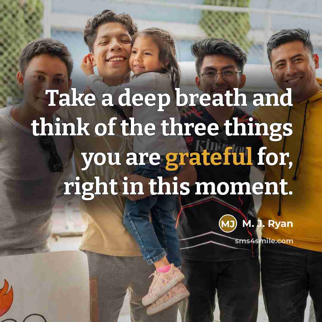 “Take a deep breath and think of the three things you are grateful for, right in this moment.” quote by M. J. Ryan
