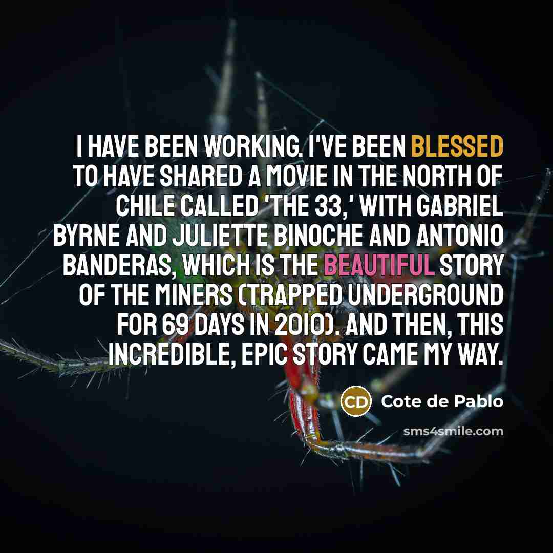 “I have been working. I've been blessed to have shared a movie in the north of Chile called 'The 33,' with Gabriel Byrne and Juliette Binoche and Antonio Banderas, which is the beautiful story of the miners (trapped underground for 69 days in 2010). And then, this incredible, epic story came my way.” quote by Cote de Pablo