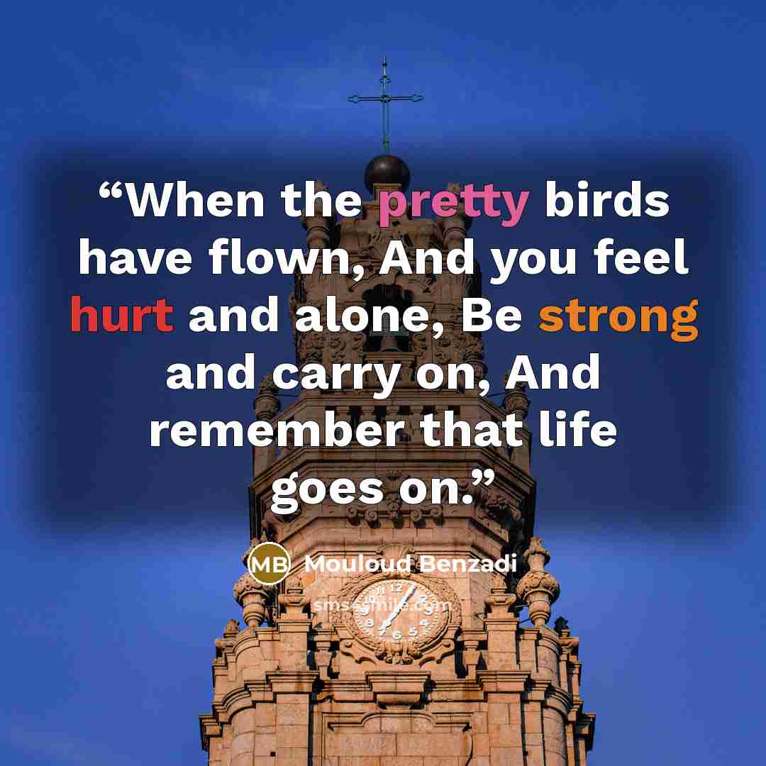 “When the pretty birds have flown, And you feel hurt and alone, Be strong and carry on, And remember that life goes on.” quote by Mouloud Benzadi