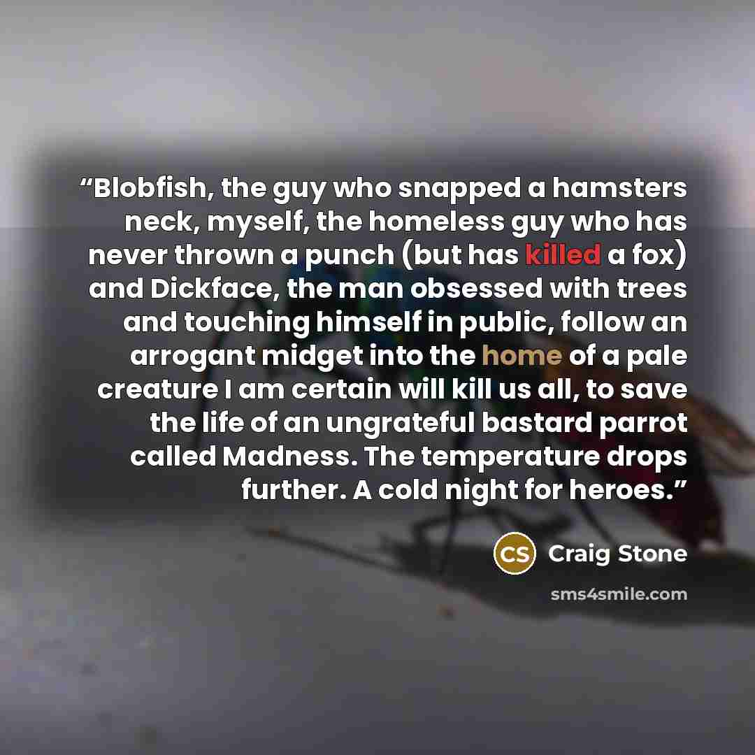 “Blobfish, the guy who snapped a hamsters neck, myself, the homeless guy who has never thrown a punch (but has killed a fox) and Dickface, the man obsessed with trees and touching himself in public, follow an arrogant midget into the home of a pale creature I am certain will kill us all, to save…” quote by Craig Stone