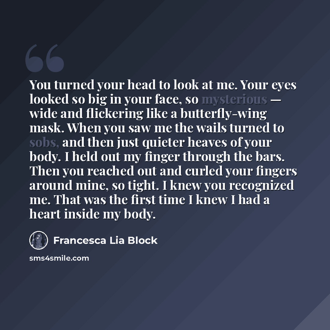 “You turned your head to look at me. Your eyes looked so big in your face, so mysterious — wide and flickering like a butterfly-wing mask. When you saw me the wails turned to sobs, and then just quieter heaves of your body. I held out my finger through the bars. Then you reached out and curled your…” quote by Francesca Lia Block