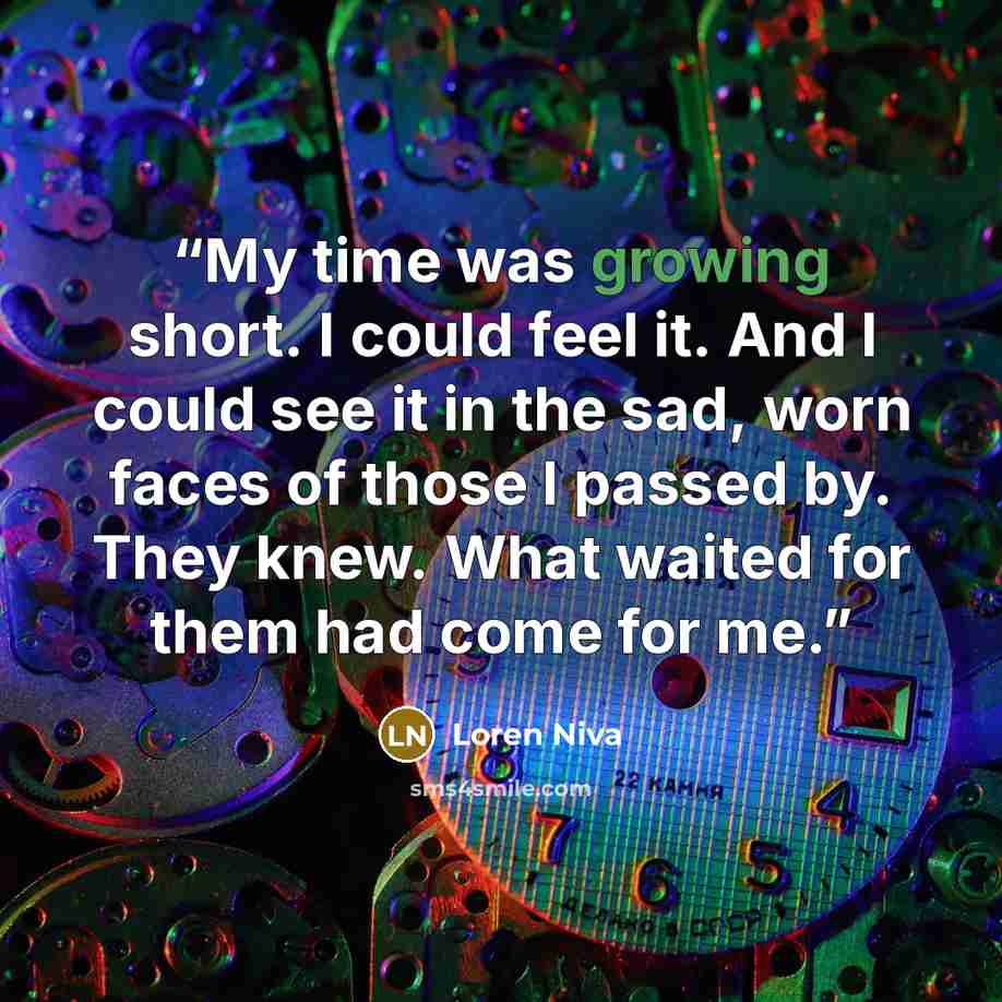 “My time was growing short. I could feel it. And I could see it in the sad, worn faces of those I passed by. They knew. What waited for them had come for me.” quote by Loren Niva
