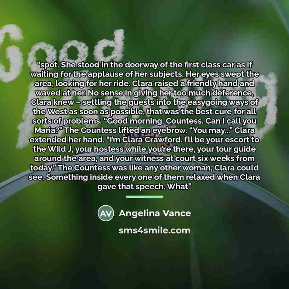 “spot. She stood in the doorway of the first class car as if waiting for the applause of her subjects. Her eyes swept the area, looking for her ride. Clara raised a friendly hand and waved at her. No sense in giving her too much deference, Clara knew – settling the guests into the easygoing ways of…” quote by Angelina Vance