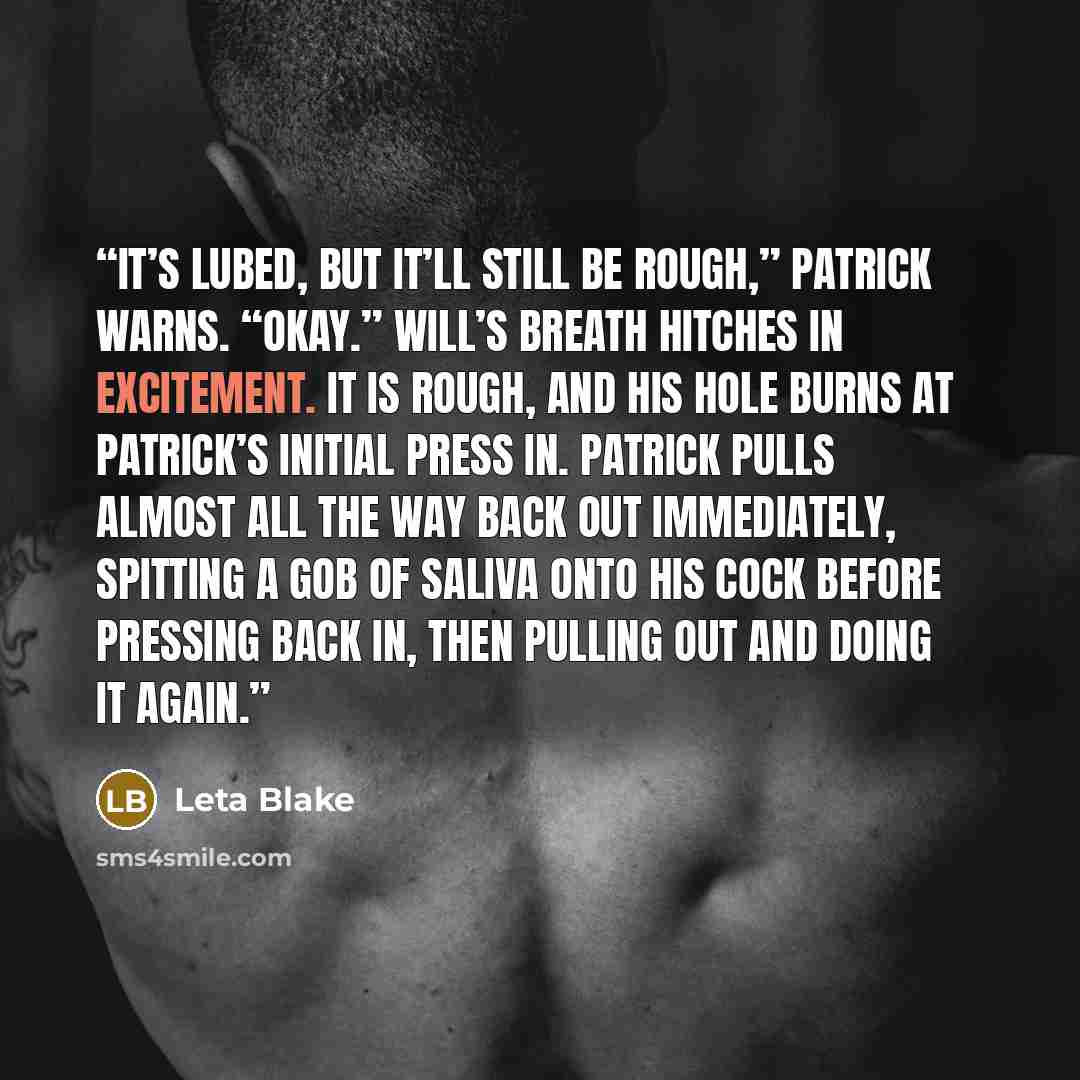 “It’s lubed, but it’ll still be rough,” Patrick warns. “Okay.” Will’s breath hitches in excitement. It is rough, and his hole burns at Patrick’s initial press in. Patrick pulls almost all the way back out immediately, spitting a gob of saliva onto his cock before pressing back in, then pulling out…” quote by Leta Blake