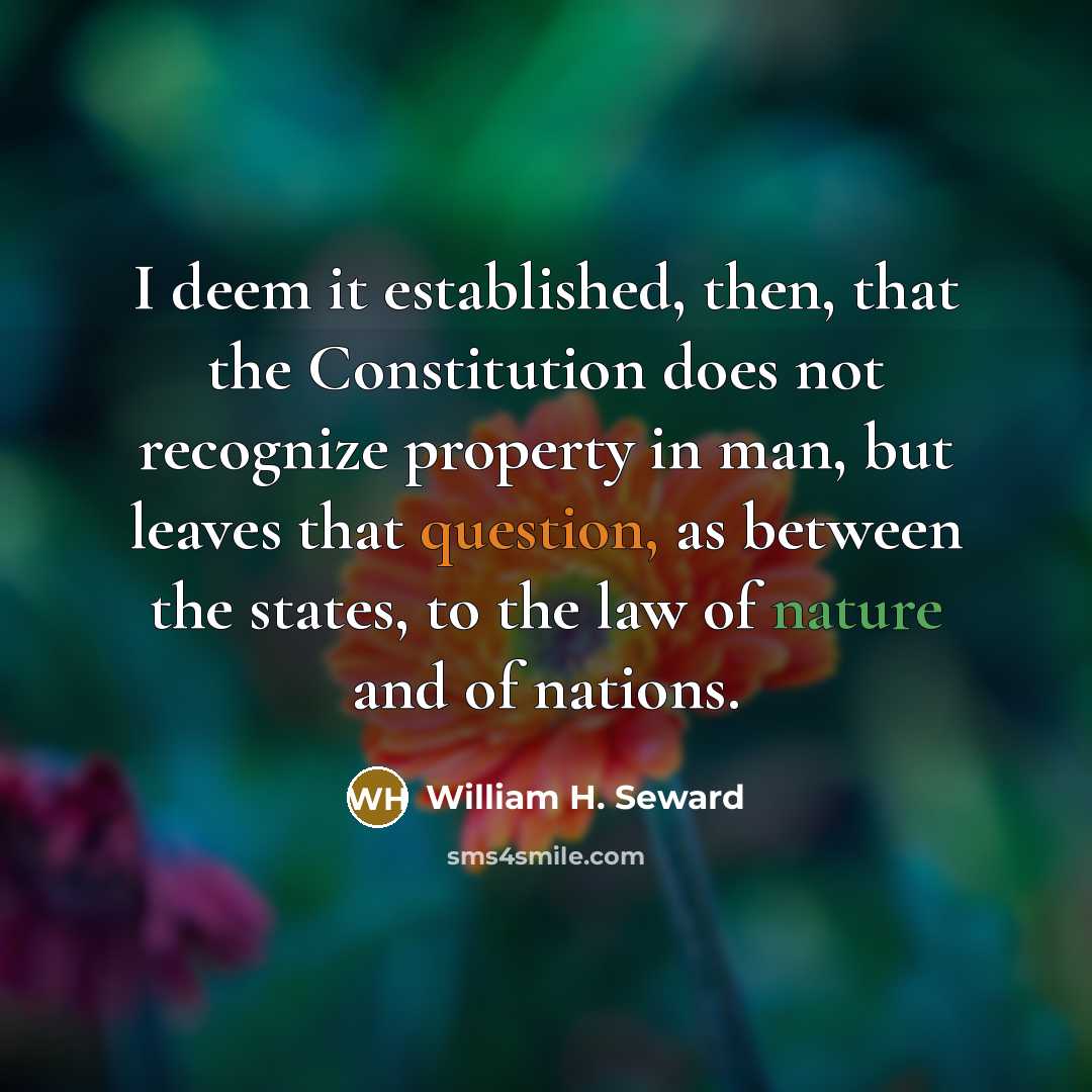 “I deem it established, then, that the Constitution does not recognize property in man, but leaves that question, as between the states, to the law of nature and of nations.” quote by William H. Seward