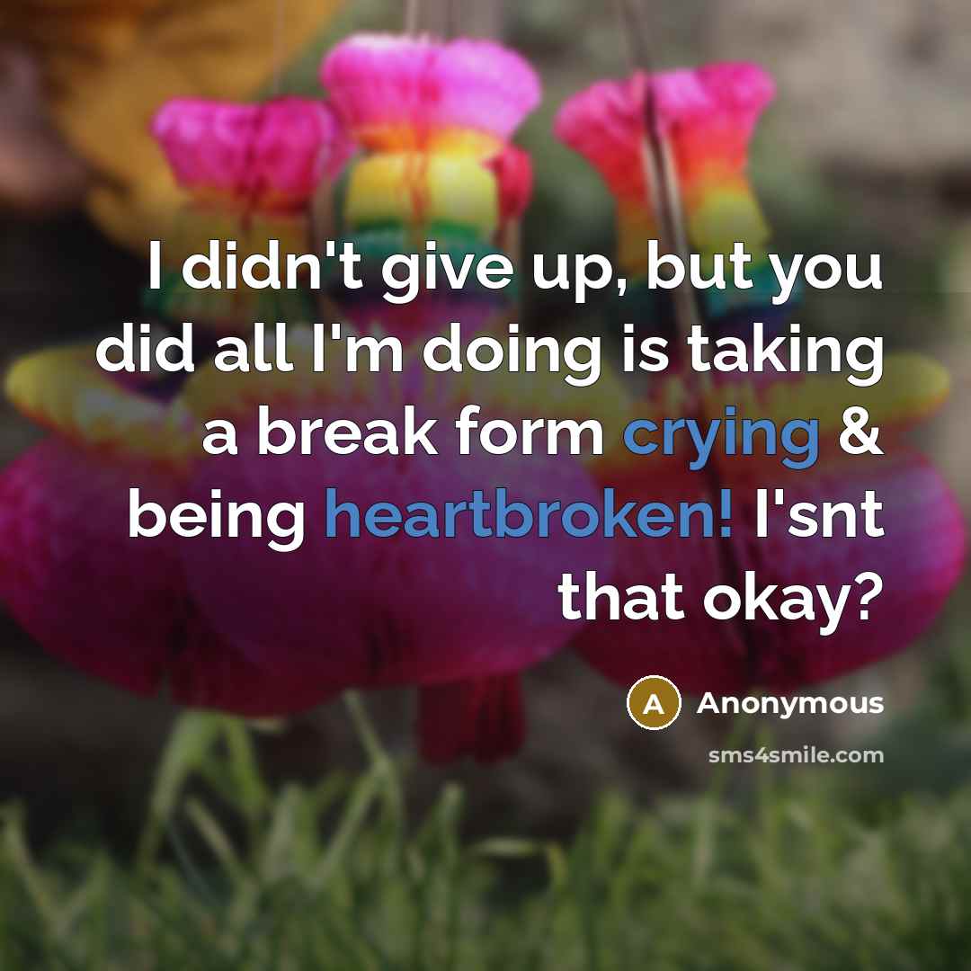 “I didn't give up, but you did all I'm doing is taking a break form crying & being heartbroken! I'snt that okay?” quote by Anonymous