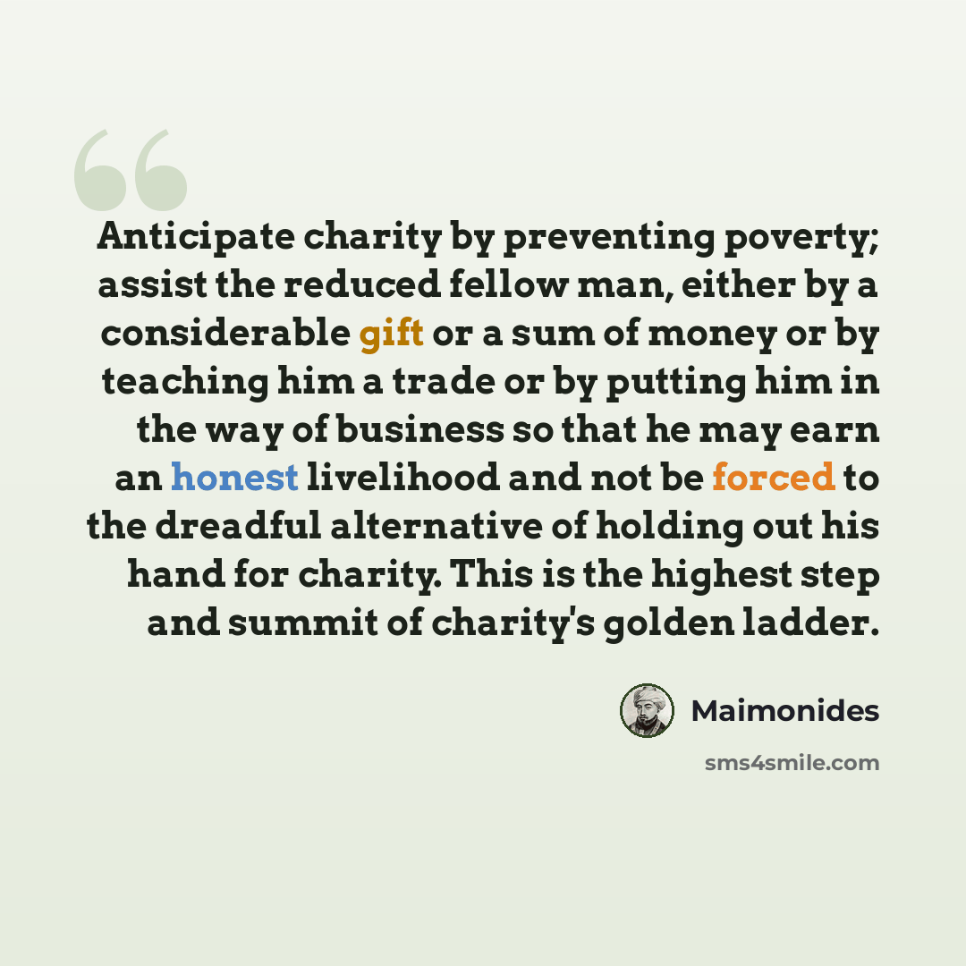 “Anticipate charity by preventing poverty; assist the reduced fellow man, either by a considerable gift or a sum of money or by teaching him a trade or by putting him in the way of business so that he may earn an honest livelihood and not be forced to the dreadful alternative of holding out his…” quote by Maimonides