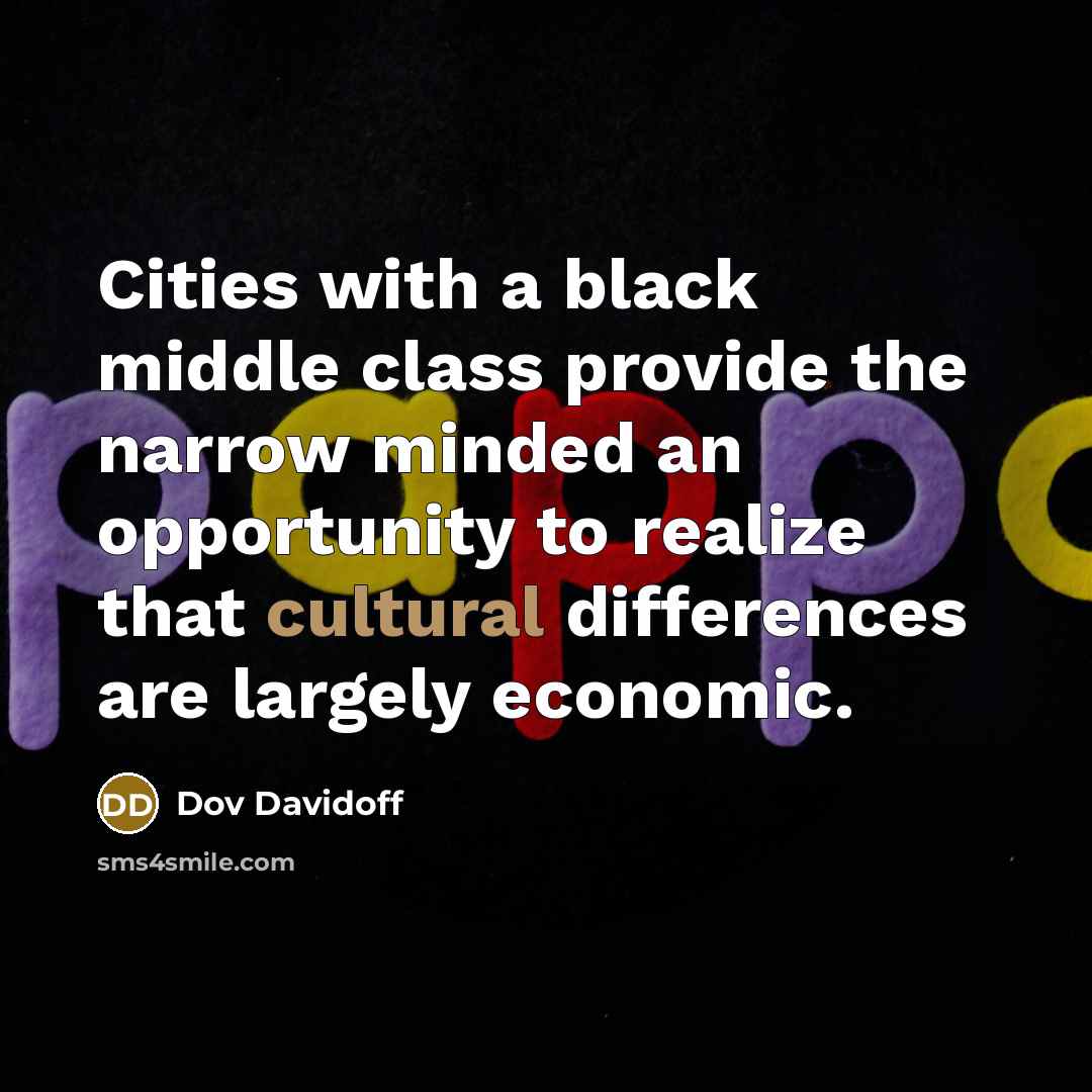 “Cities with a black middle class provide the narrow minded an opportunity to realize that cultural differences are largely economic.” quote by Dov Davidoff