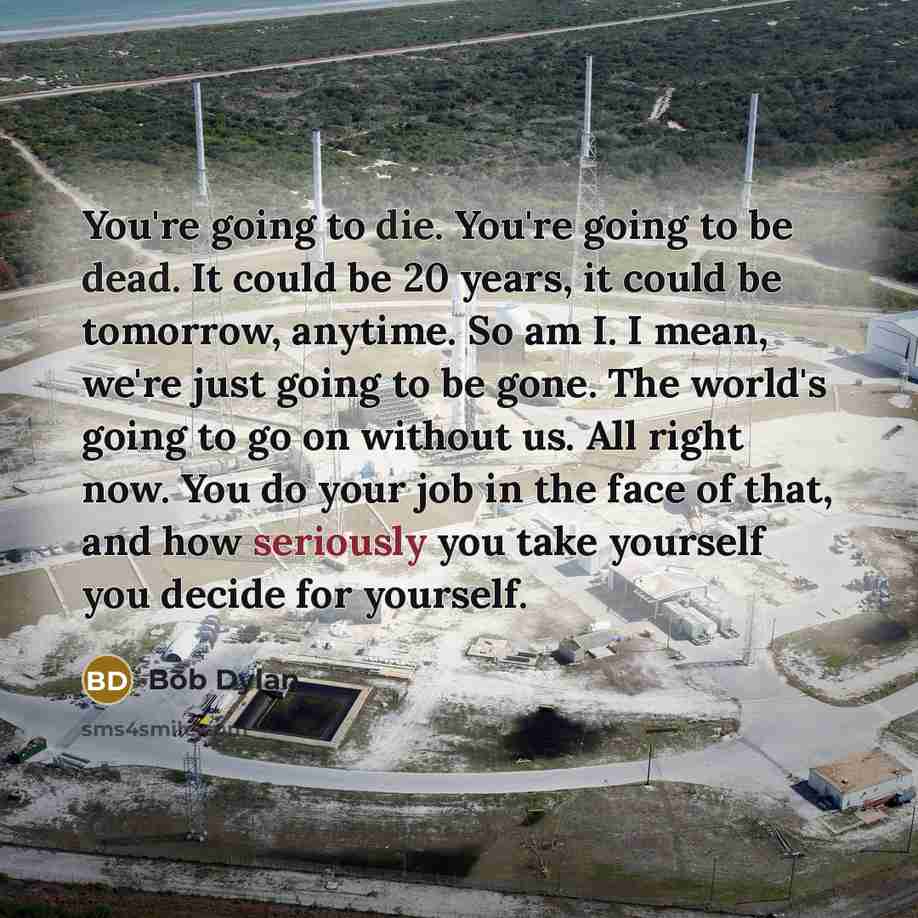 “You're going to die. You're going to be dead. It could be 20 years, it could be tomorrow, anytime. So am I. I mean, we're just going to be gone. The world's going to go on without us. All right now. You do your job in the face of that, and how seriously you take yourself you decide for yourself.” quote by Bob Dylan