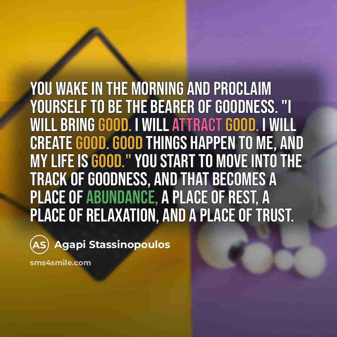 “You wake in the morning and proclaim yourself to be the bearer of goodness. "I will bring good. I will attract good. I will create good. Good things happen to me, and my life is good." You start to move into the track of goodness, and that becomes a place of abundance, a place of rest, a place of…” quote by Agapi Stassinopoulos