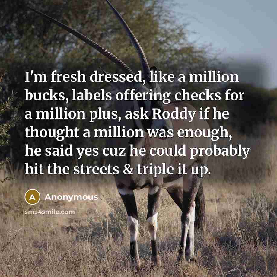 “I'm fresh dressed, like a million bucks, labels offering checks for a million plus, ask Roddy if he thought a million was enough, he said yes cuz he could probably hit the streets & triple it up.” quote by Anonymous