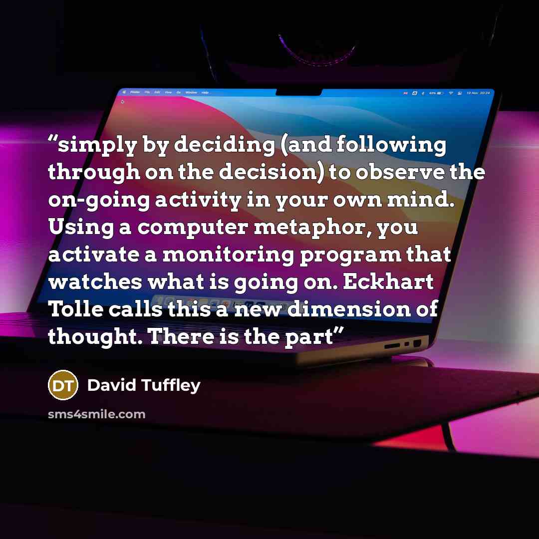“simply by deciding (and following through on the decision) to observe the on-going activity in your own mind. Using a computer metaphor, you activate a monitoring program that watches what is going on. Eckhart Tolle calls this a new dimension of thought. There is the part” quote by David Tuffley