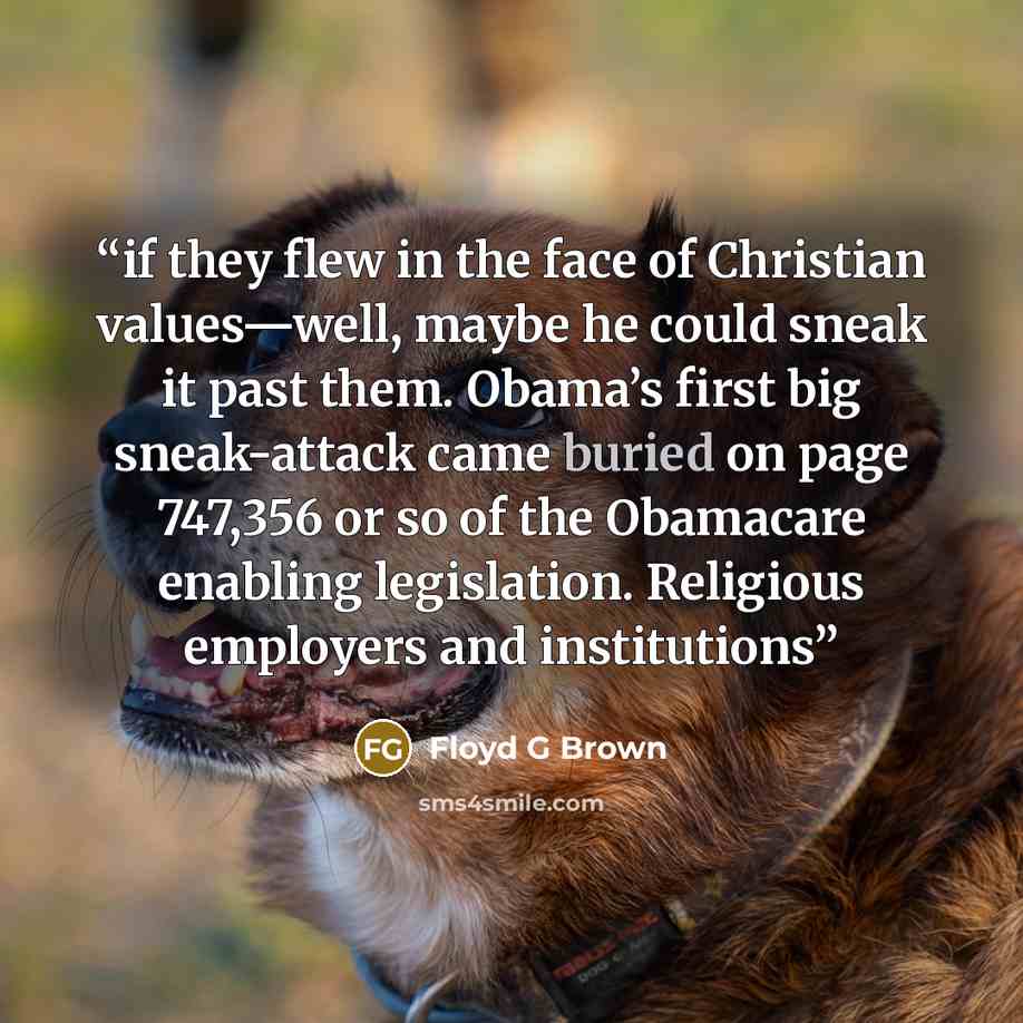 “if they flew in the face of Christian values—well, maybe he could sneak it past them. Obama’s first big sneak-attack came buried on page 747,356 or so of the Obamacare enabling legislation. Religious employers and institutions” quote by Floyd G Brown