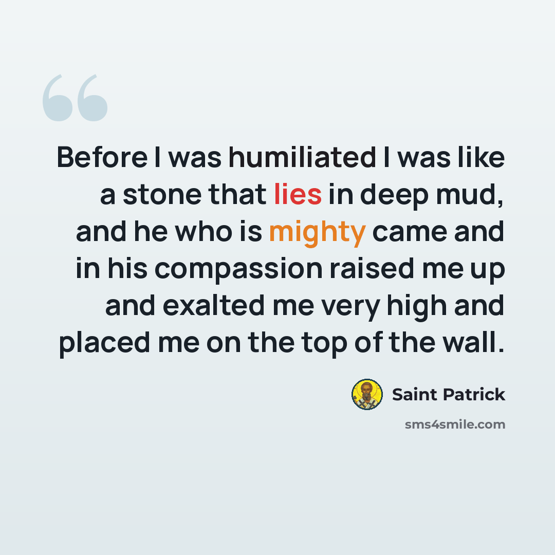 “Before I was humiliated I was like a stone that lies in deep mud, and he who is mighty came and in his compassion raised me up and exalted me very high and placed me on the top of the wall.” quote by Saint Patrick