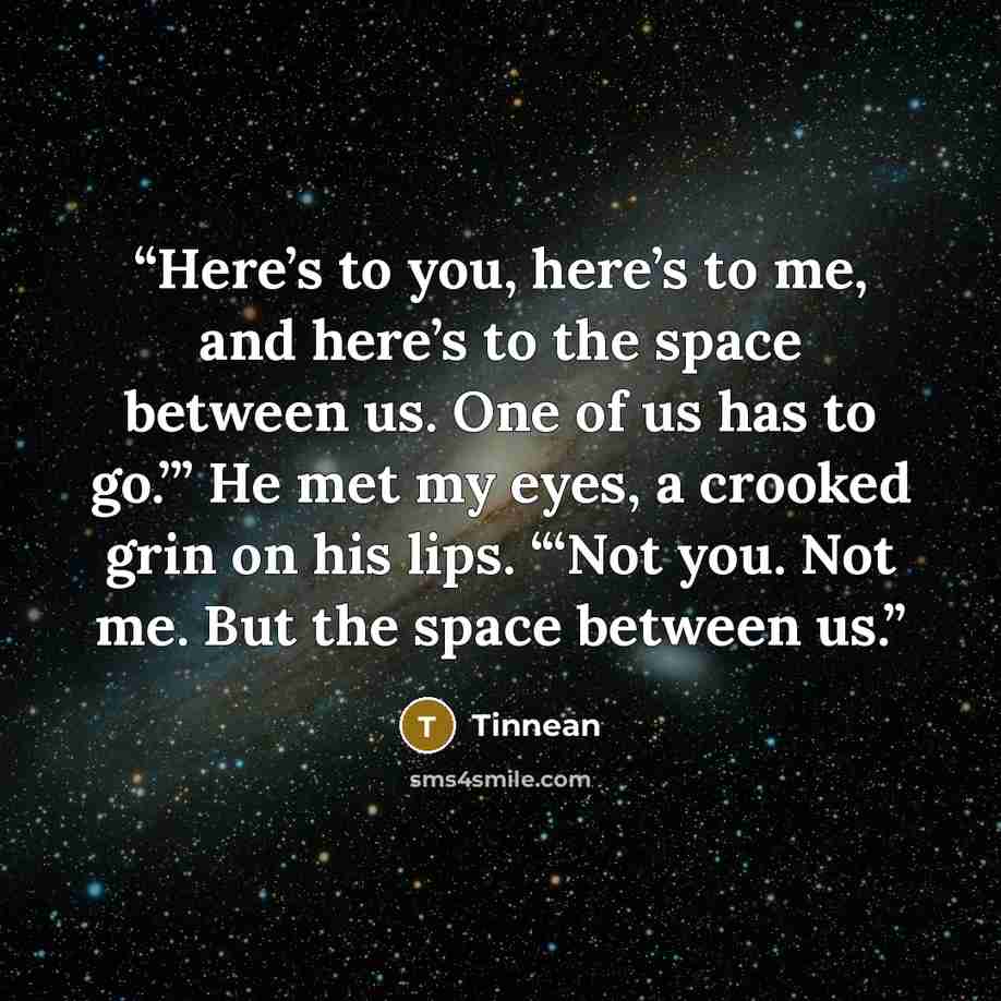 “Here’s to you, here’s to me, and here’s to the space between us. One of us has to go.’” He met my eyes, a crooked grin on his lips. “‘Not you. Not me. But the space between us.” quote by Tinnean