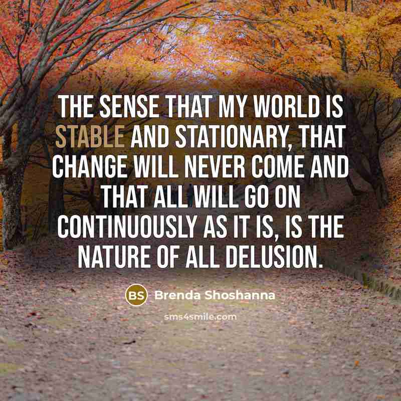 “The sense that my world is stable and stationary, that change will never come and that all will go on continuously as it is, is the nature of all delusion.” quote by Brenda Shoshanna