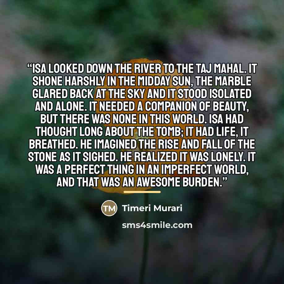 “Isa looked down the river to the Taj Mahal. It shone harshly in the midday sun, the marble glared back at the sky and it stood isolated and alone. It needed a companion of beauty, but there was none in this world. Isa had thought long about the tomb; it had life, it breathed. He imagined the rise…” quote by Timeri Murari