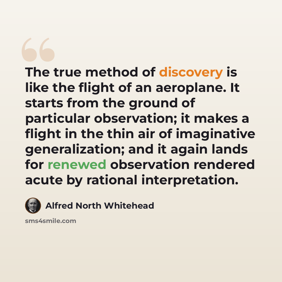 “The true method of discovery is like the flight of an aeroplane. It starts from the ground of particular observation; it makes a flight in the thin air of imaginative generalization; and it again lands for renewed observation rendered acute by rational interpretation.” quote by Alfred North Whitehead