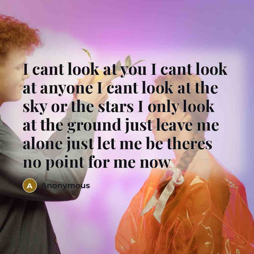 “I cant look at you I cant look at anyone I cant look at the sky or the stars I only look at the ground just leave me alone just let me be theres no point for me now” quote by Anonymous